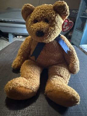 Ty Brown Fuzz Teddy Bear with Blue Ribbon Plush